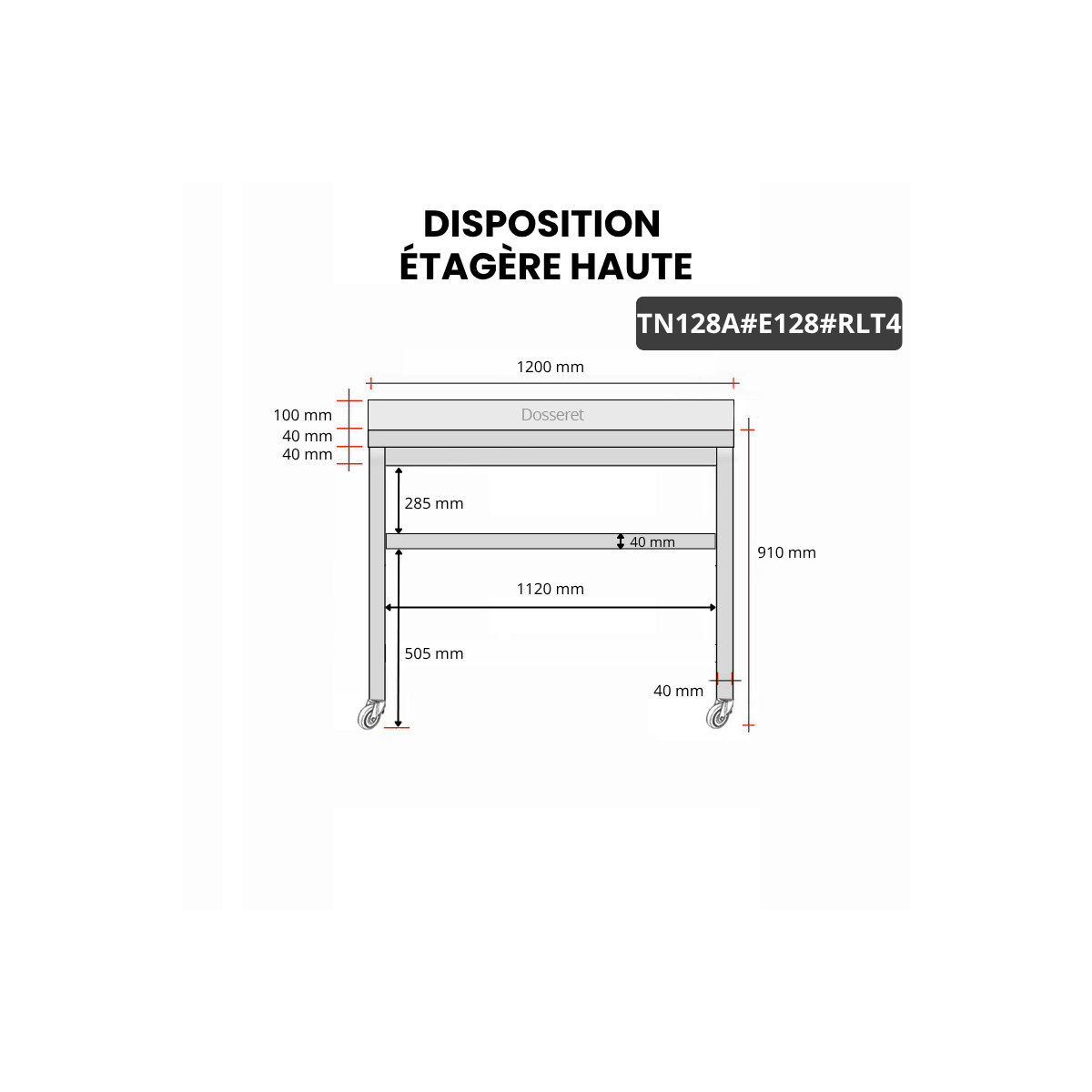 Table inox 1200 x 800 mm adossée avec 2 étagères sur roulettes / GOLDINOX