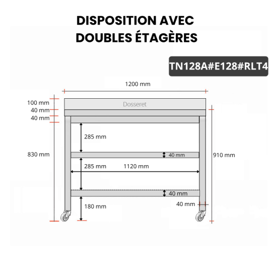 Table inox 1200 x 800 mm adossée avec 2 étagères sur roulettes / GOLDINOX