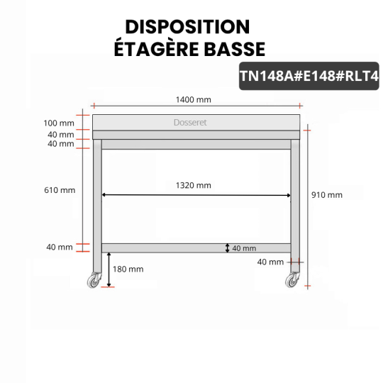 Table inox 1400 x 800 mm adossée avec 2 étagères sur roulettes / GOLDINOX