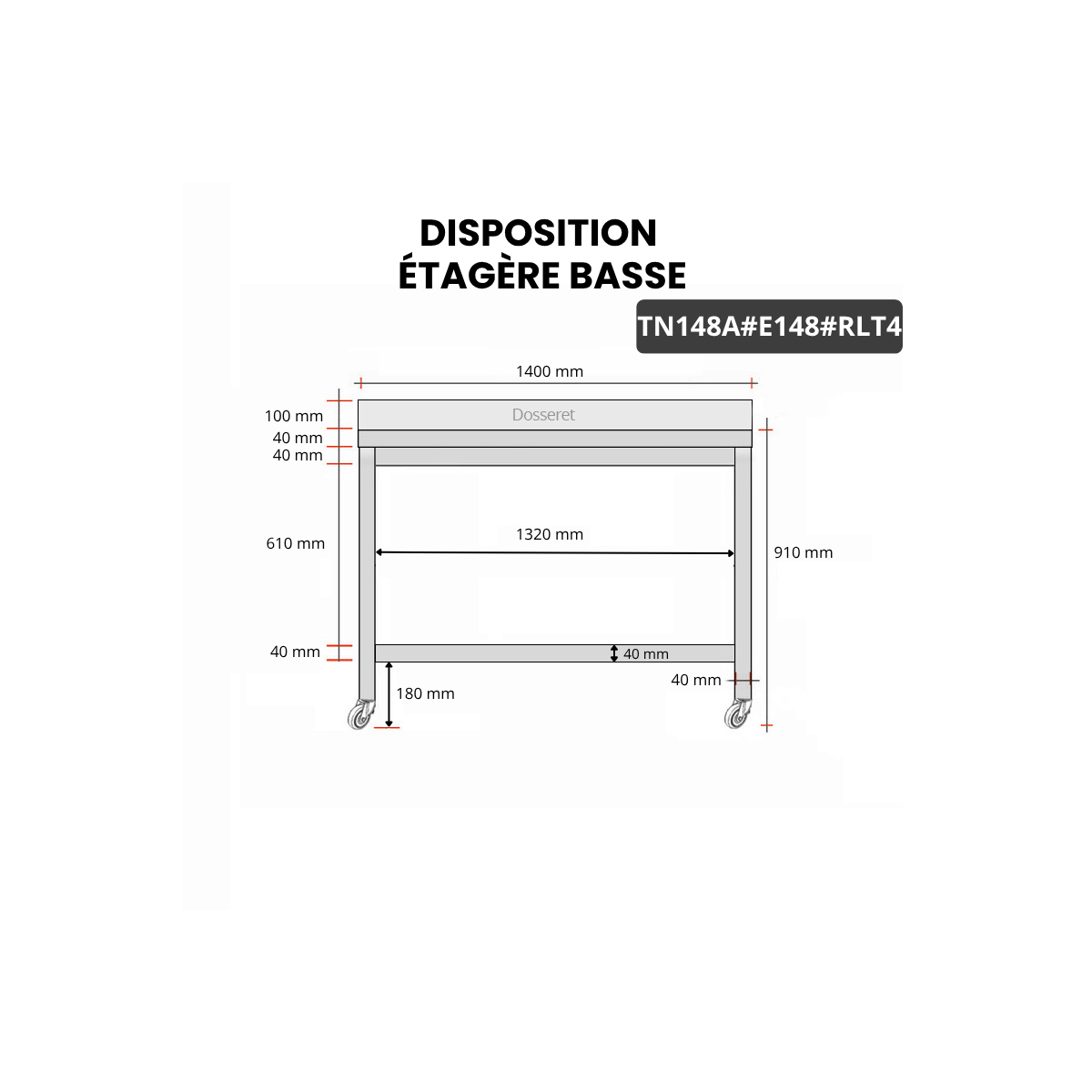 Table inox 1400 x 800 mm adossée avec 2 étagères sur roulettes / GOLDINOX