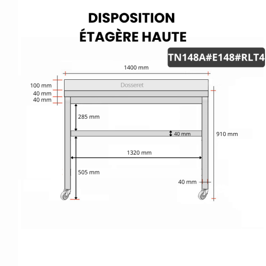 Table inox 1400 x 800 mm adossée avec 2 étagères sur roulettes / GOLDINOX