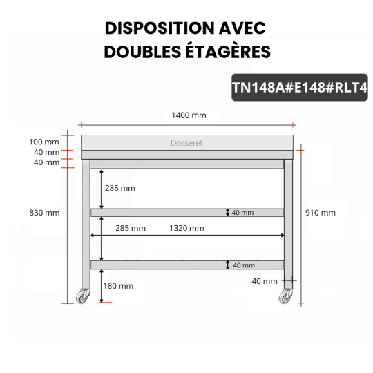 Table inox 1400 x 800 mm adossée avec 2 étagères sur roulettes / GOLDINOX