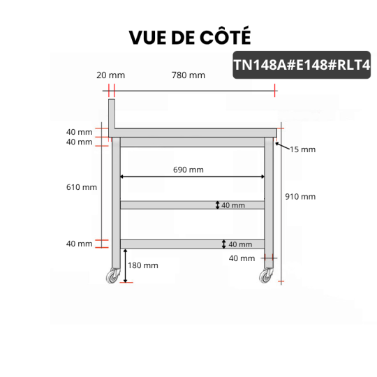 Table inox 1400 x 800 mm adossée avec 2 étagères sur roulettes / GOLDINOX