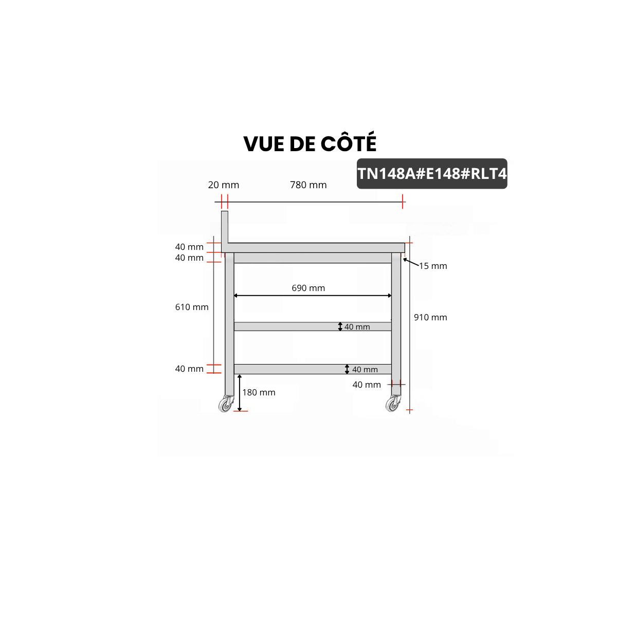Table inox 1400 x 800 mm adossée avec 2 étagères sur roulettes / GOLDINOX