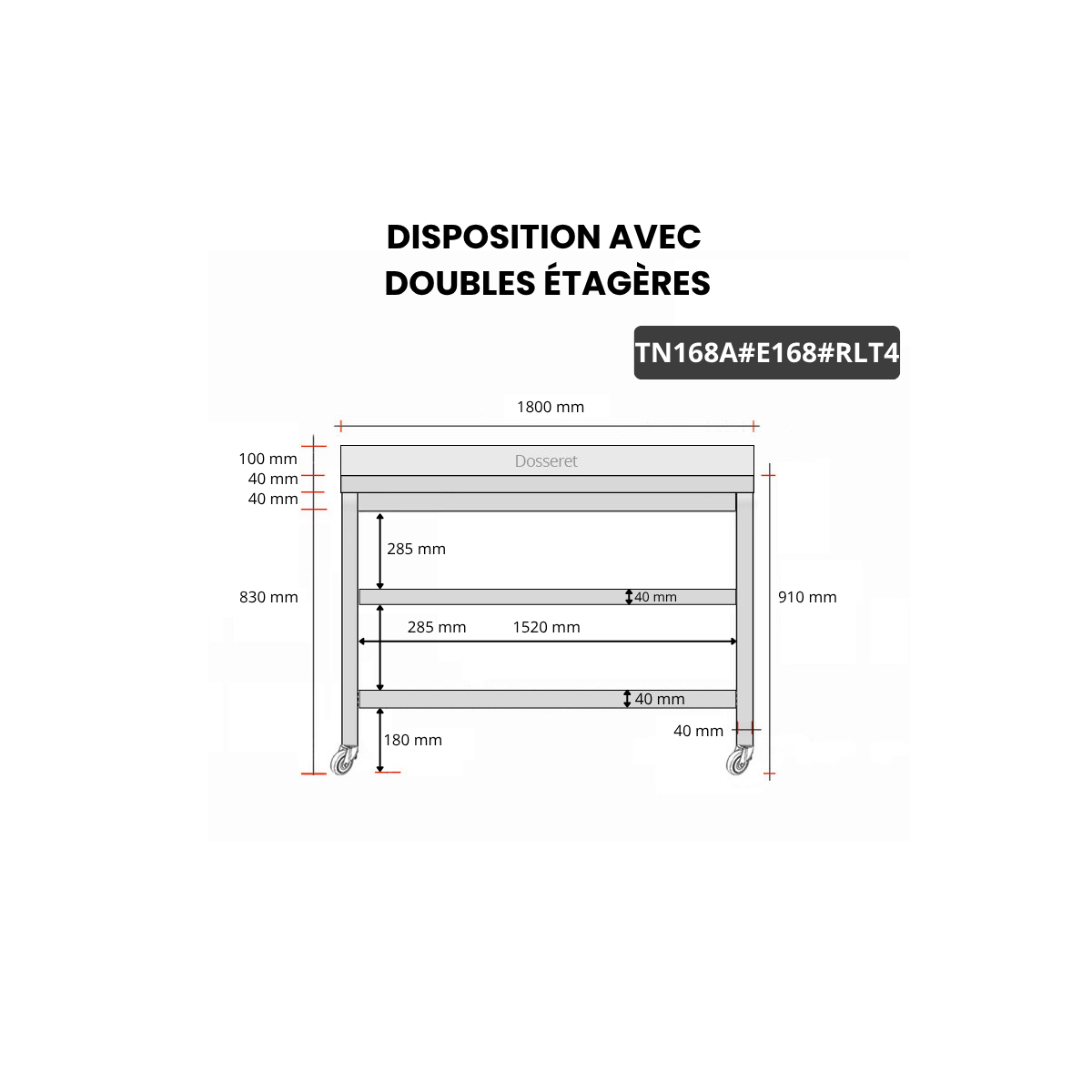 Table inox 1600 x 800 mm adossée avec 2 étagères sur roulettes / GOLDINOX