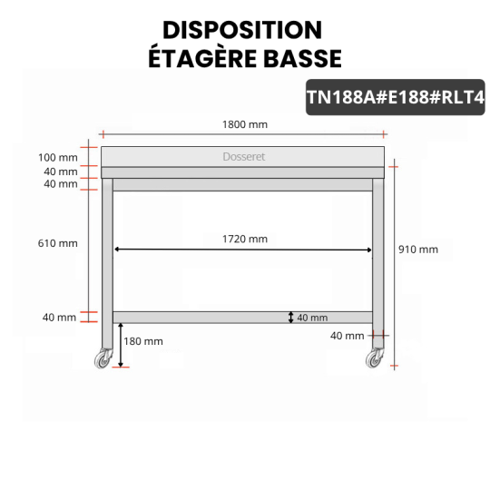 Table inox 1800 x 800 mm adossée avec 2 étagères sur roulettes / GOLDINOX