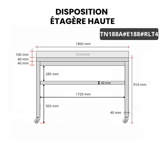 Table inox 1800 x 800 mm adossée avec 2 étagères sur roulettes / GOLDINOX