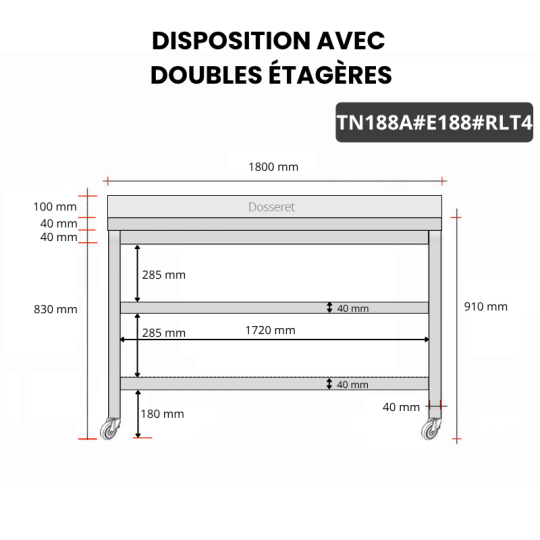 Table inox 1800 x 800 mm adossée avec 2 étagères sur roulettes / GOLDINOX