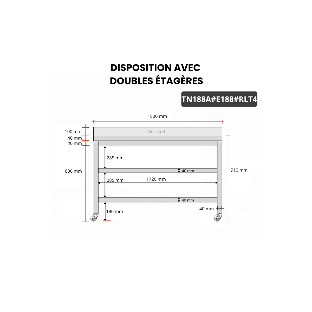 Table inox 1800 x 800 mm adossée avec 2 étagères sur roulettes / GOLDINOX