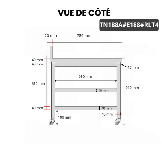 Table inox 1800 x 800 mm adossée avec 2 étagères sur roulettes / GOLDINOX
