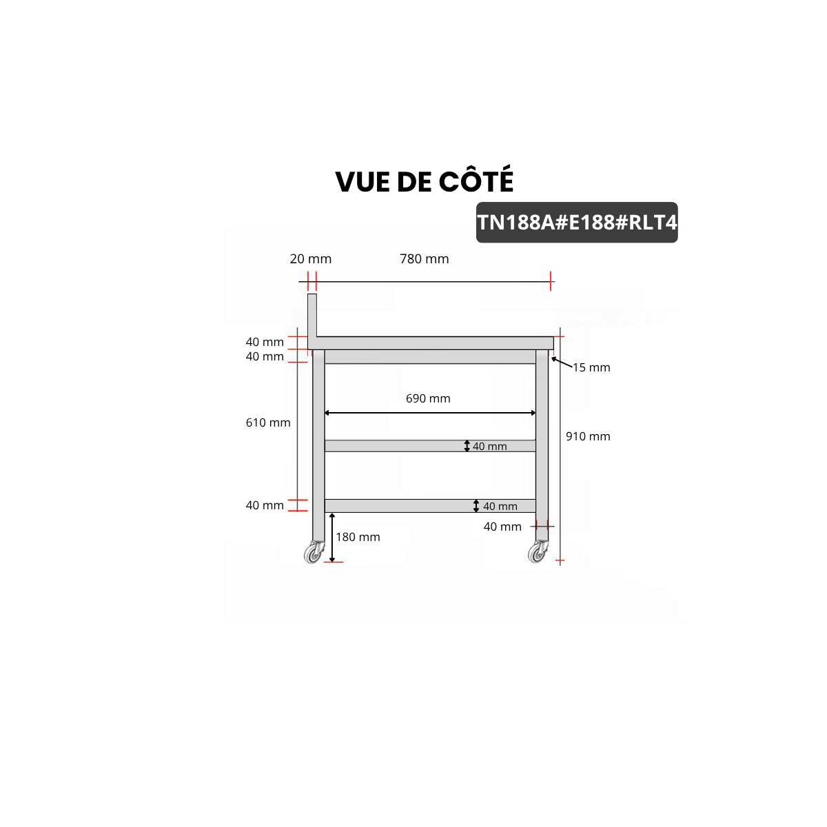 Table inox 1800 x 800 mm adossée avec 2 étagères sur roulettes / GOLDINOX