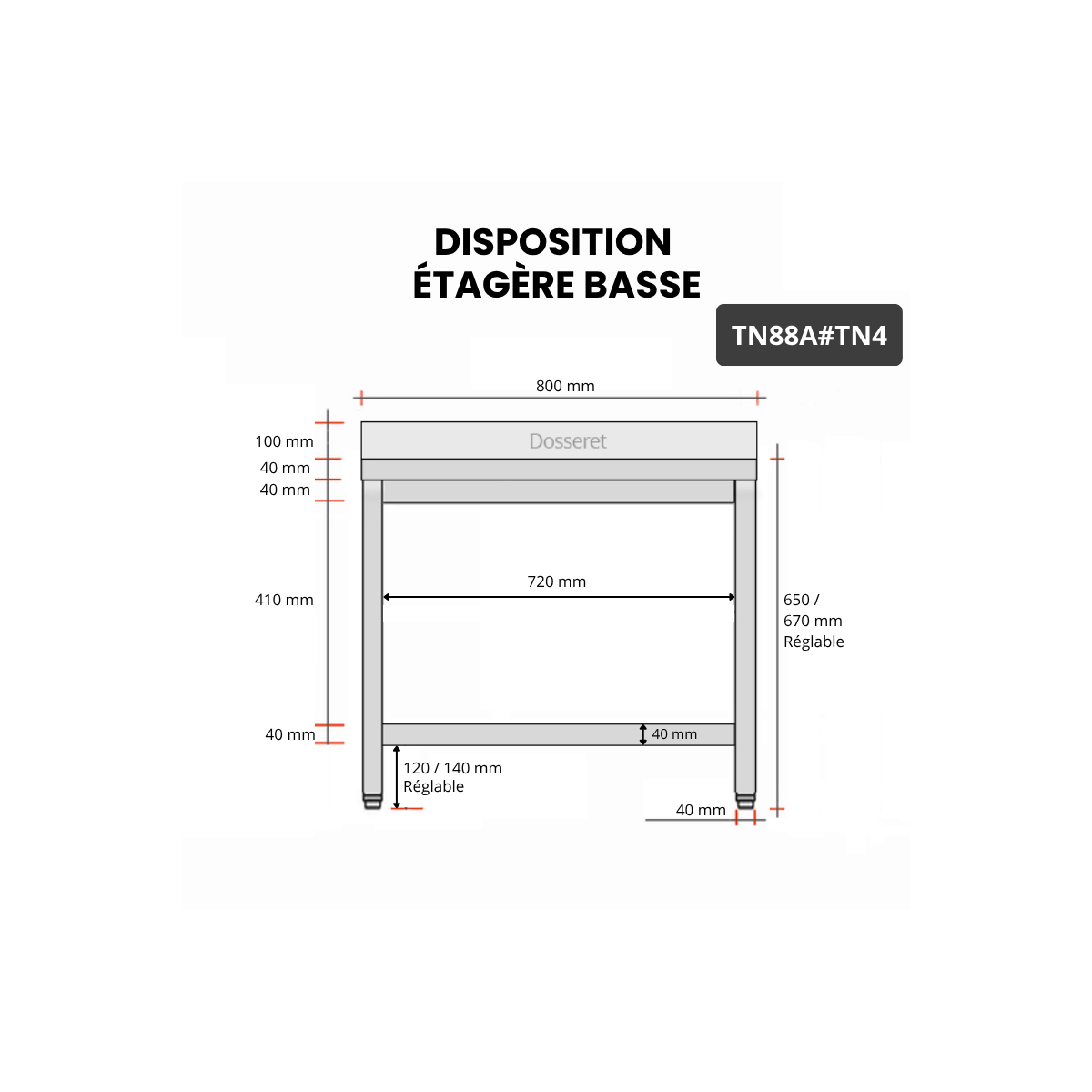 Table inox soubassement 800 x 800 mm adossée / GOLDINOX 