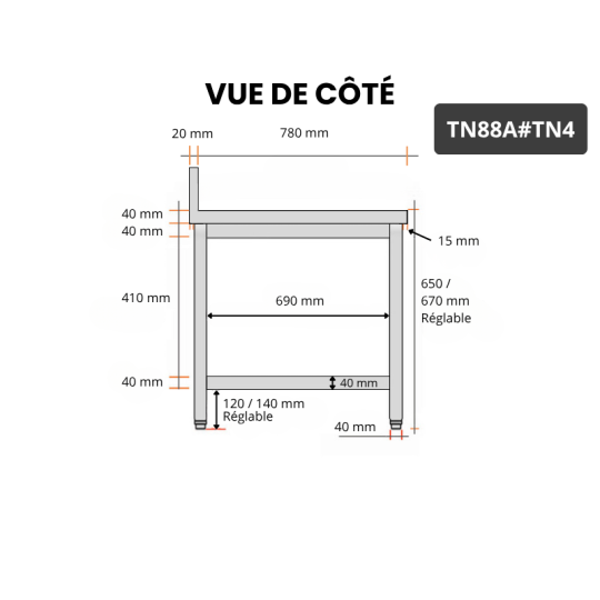 Table inox soubassement 800 x 800 mm adossée / GOLDINOX 