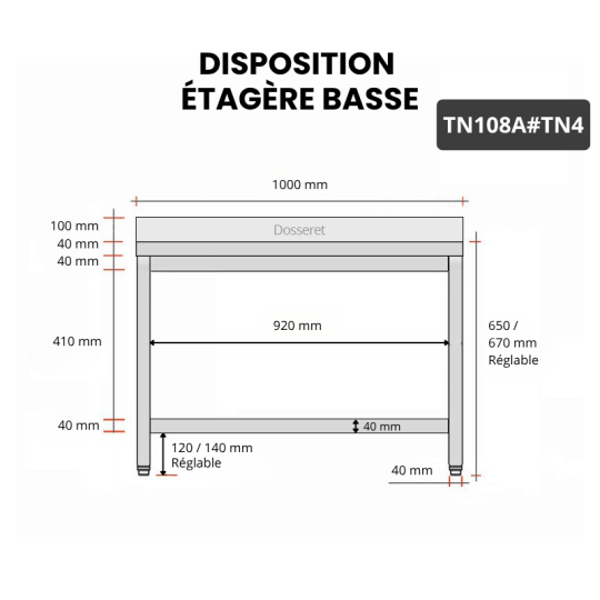 Table inox soubassement 1000 x 800 mm adossée / GOLDINOX 