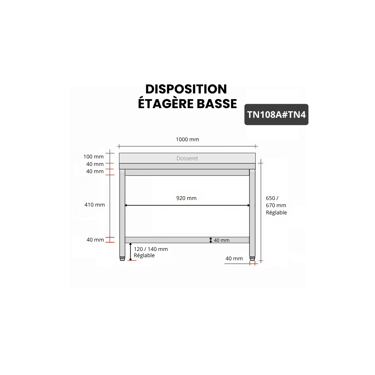 Table inox soubassement 1000 x 800 mm adossée / GOLDINOX 
