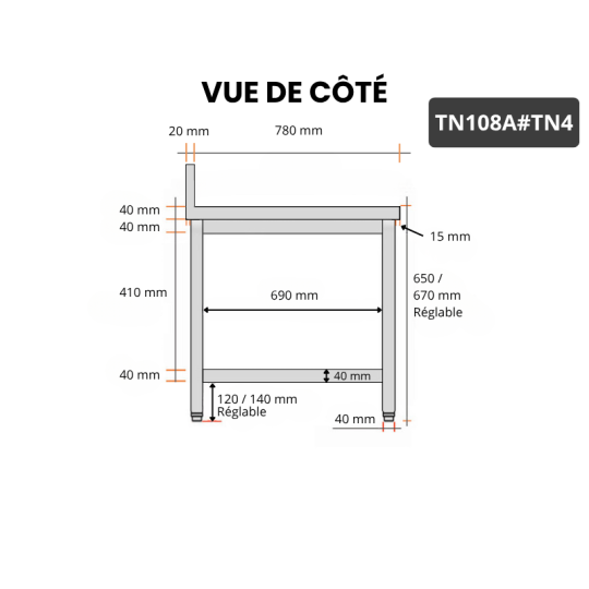Table inox soubassement 1000 x 800 mm adossée / GOLDINOX 