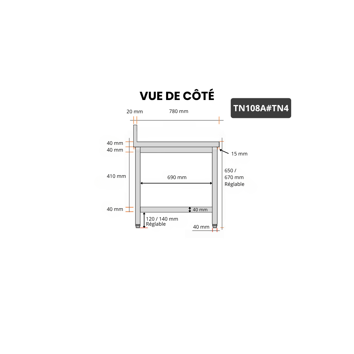 Table inox soubassement 1000 x 800 mm adossée / GOLDINOX 