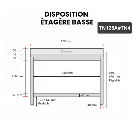 Table inox soubassement 1200 x 800 mm adossée / GOLDINOX 
