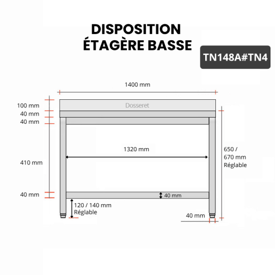 Table inox soubassement 1400 x 800 mm adossée / GOLDINOX 