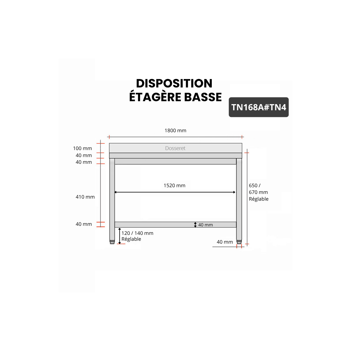 Table inox soubassement 1600 x 800 mm adossée / GOLDINOX 
