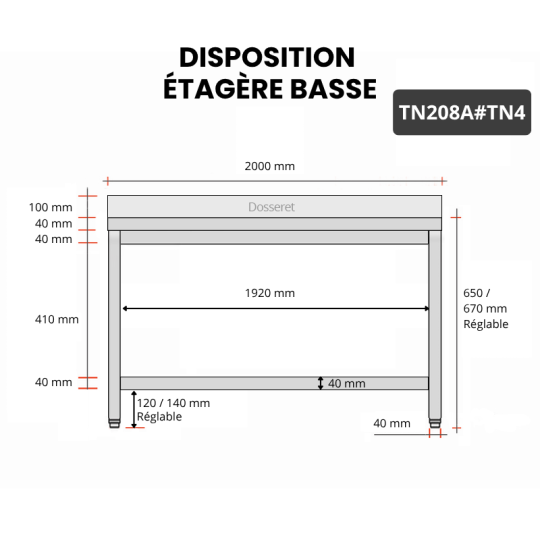 Table inox soubassement 2000 x 800 mm adossée / GOLDINOX 