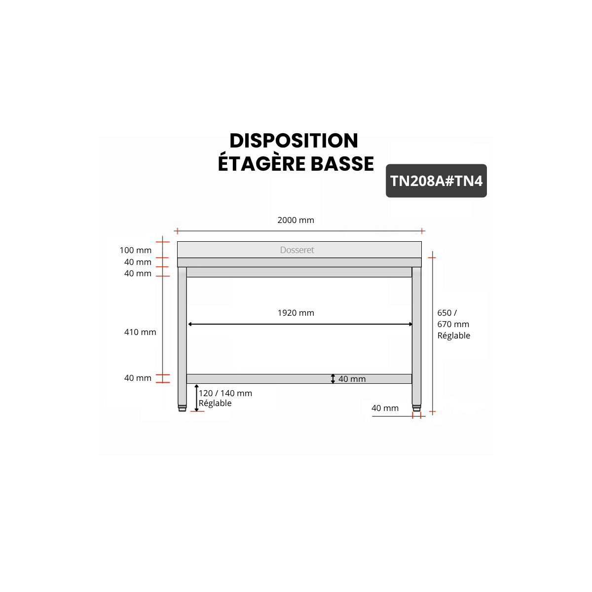 Table inox soubassement 2000 x 800 mm adossée / GOLDINOX 