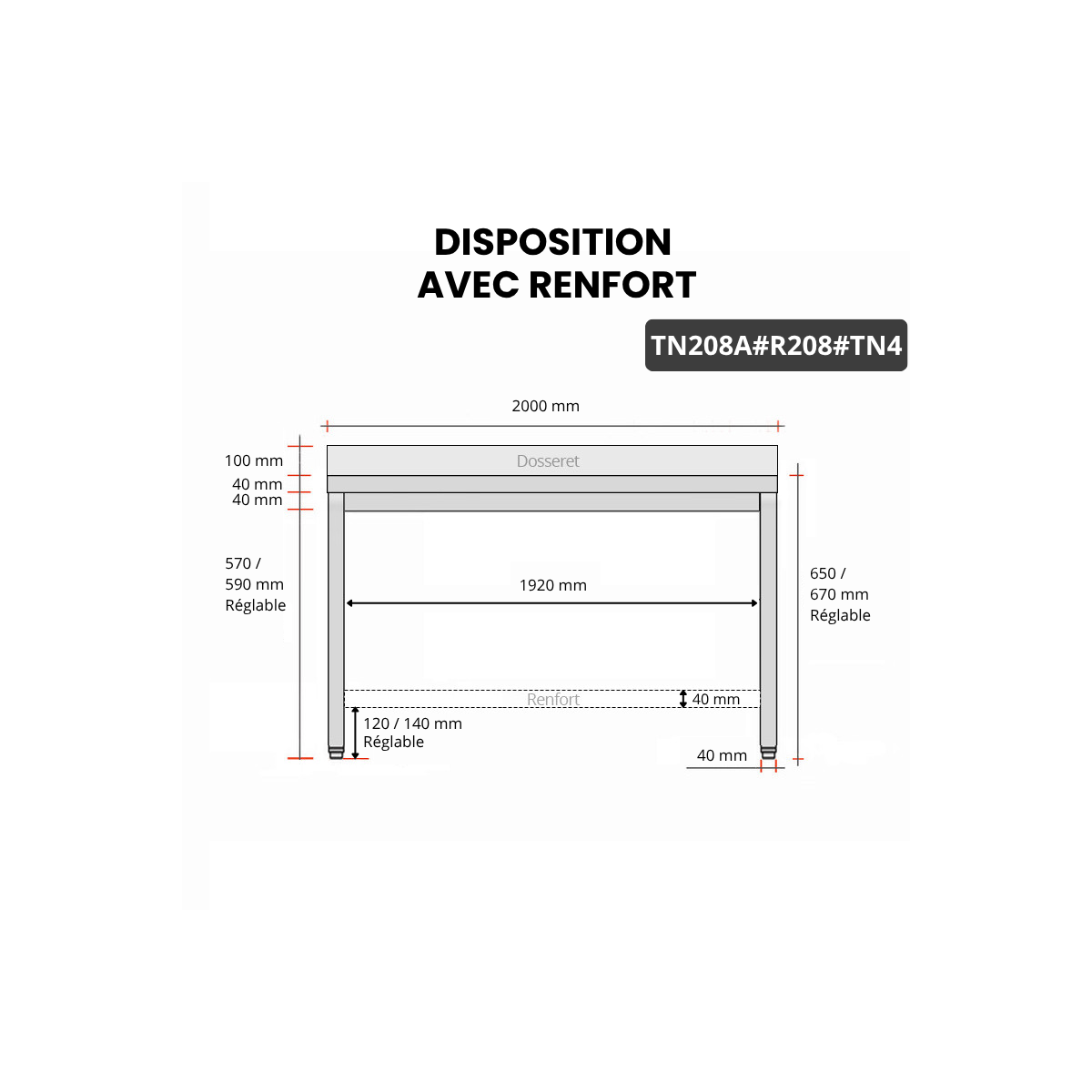 Table inox soubassement 2000 x 800 mm adossée avec renfort / GOLDINOX 