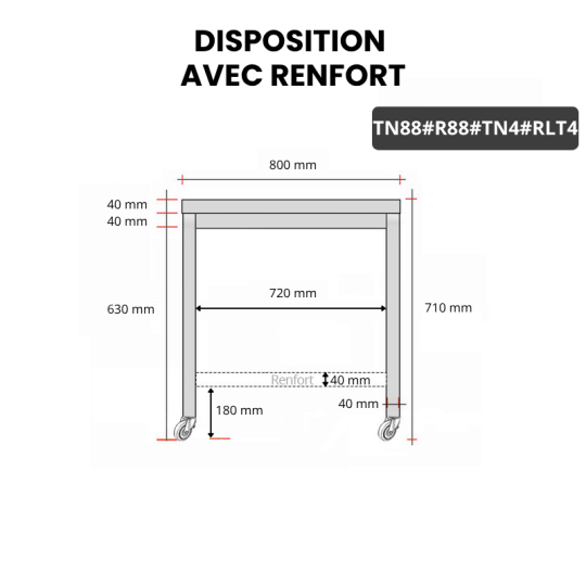 Table inox soubassement 800 x 800 mm avec renfort sur roulettes / GOLDINOX 