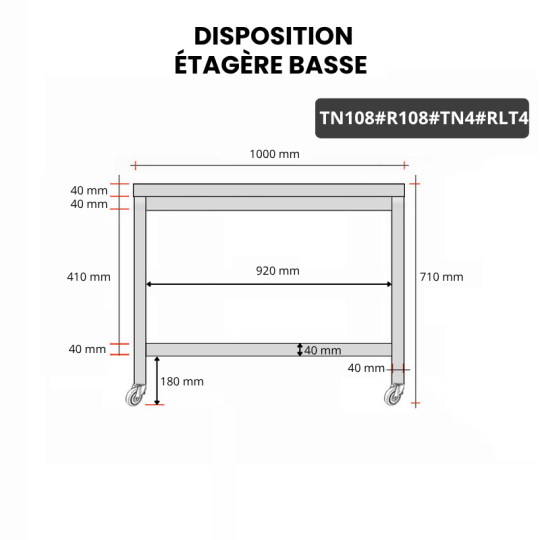 Table inox soubassement 1000 x 800 mm avec renfort sur roulettes / GOLDINOX 