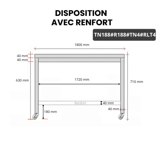 Table inox soubassement 1800 x 800 mm avec renfort sur roulettes / GOLDINOX 
