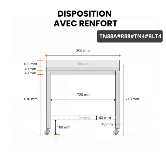 Table inox soubassement 800 x 800 mm adossée avec renfort sur roulettes / GOLDINOX 