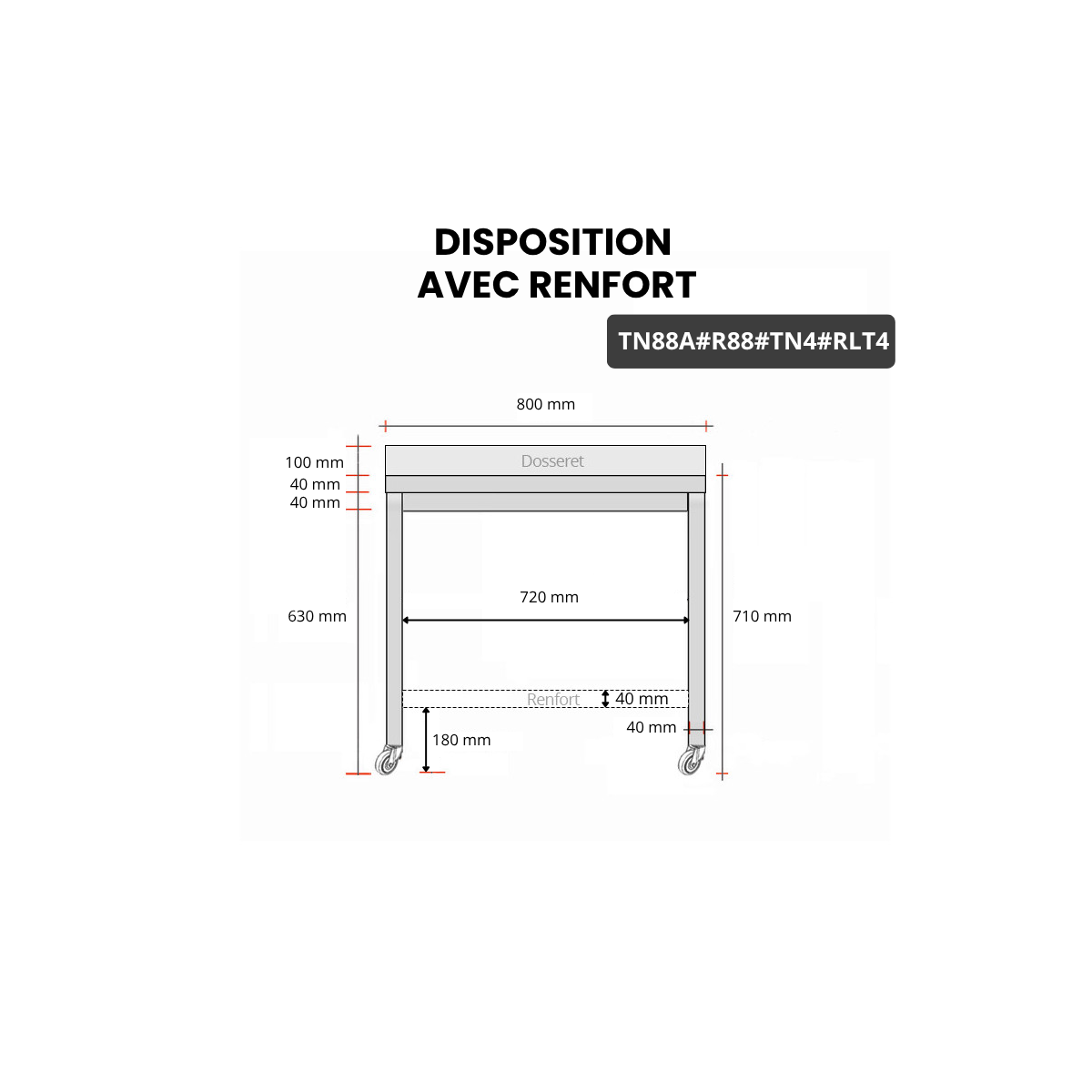 Table inox soubassement 800 x 800 mm adossée avec renfort sur roulettes / GOLDINOX 