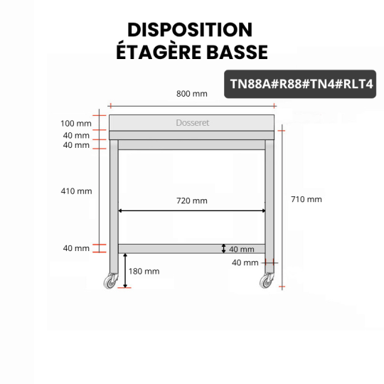 Table inox soubassement 800 x 800 mm adossée avec renfort sur roulettes / GOLDINOX 