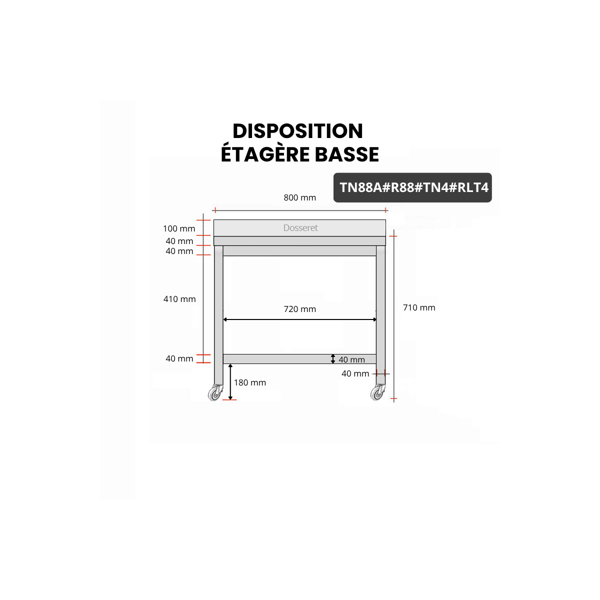 Table inox soubassement 800 x 800 mm adossée avec renfort sur roulettes / GOLDINOX 
