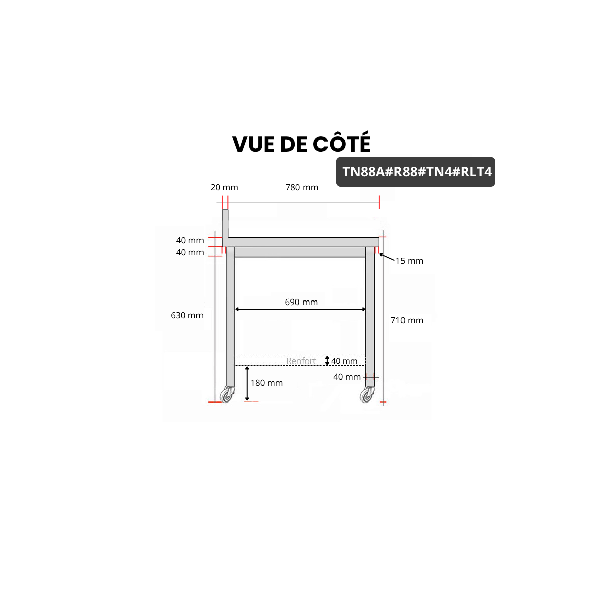 Table inox soubassement 800 x 800 mm adossée avec renfort sur roulettes / GOLDINOX 