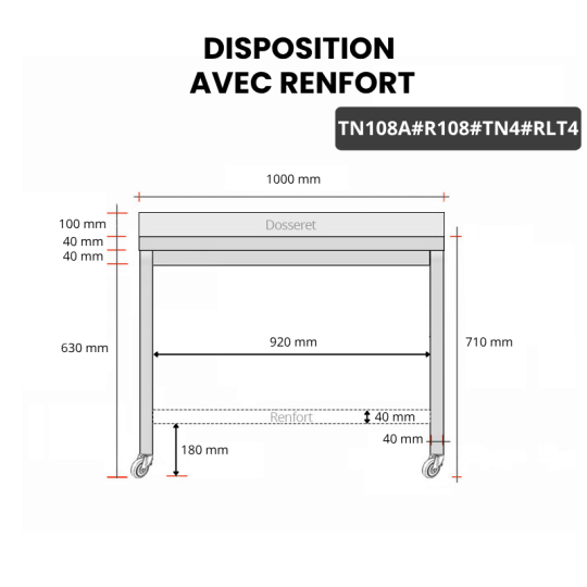 Table inox soubassement 1000 x 800 mm adossée avec renfort sur roulettes / GOLDINOX 