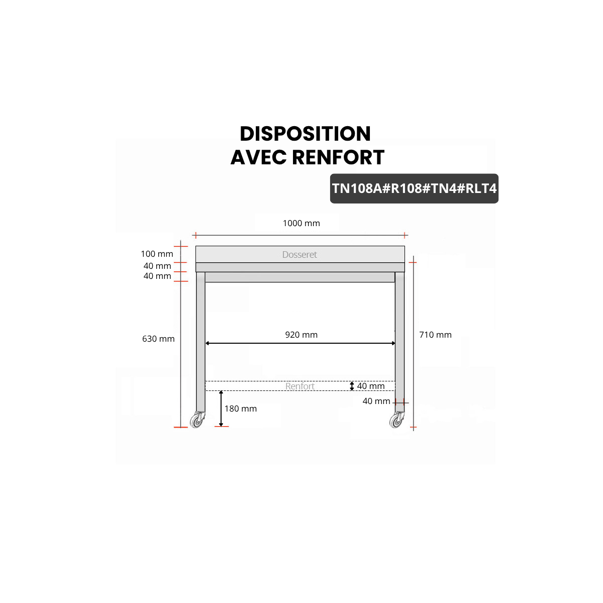 Table inox soubassement 1000 x 800 mm adossée avec renfort sur roulettes / GOLDINOX 