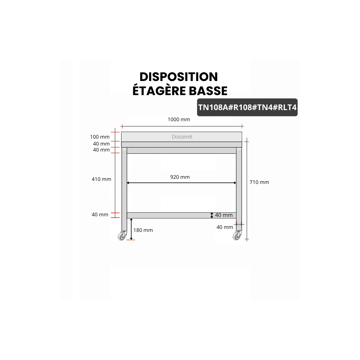 Table inox soubassement 1000 x 800 mm adossée avec renfort sur roulettes / GOLDINOX 