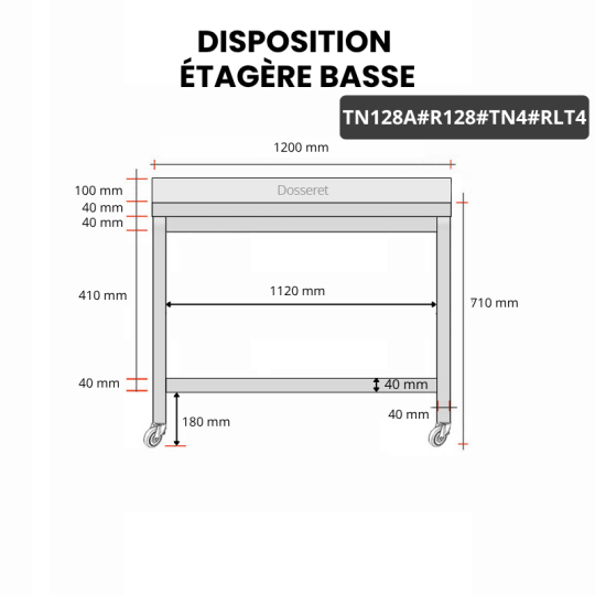 Table inox soubassement 1200 x 800 mm adossée avec renfort sur roulettes / GOLDINOX 