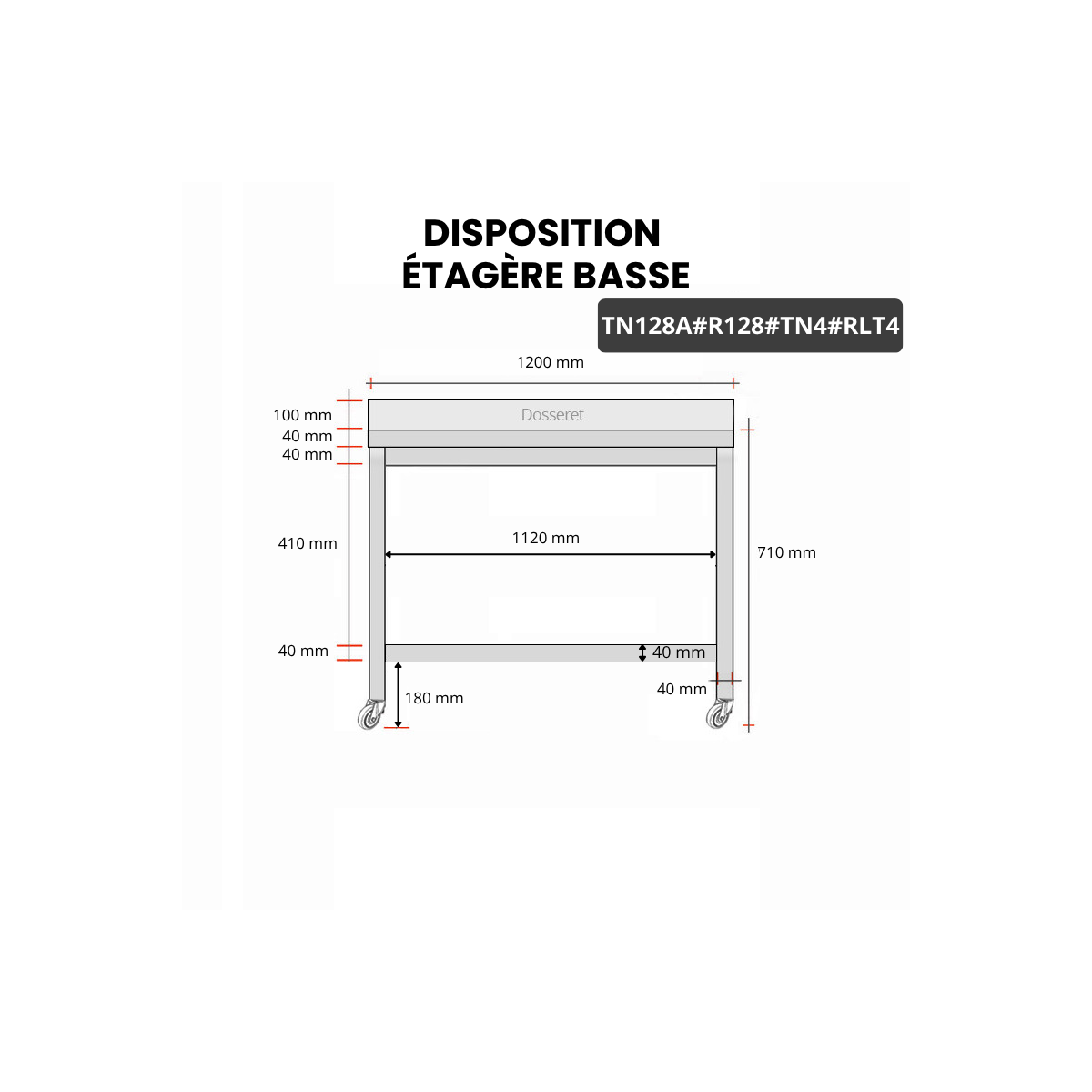 Table inox soubassement 1200 x 800 mm adossée avec renfort sur roulettes / GOLDINOX 