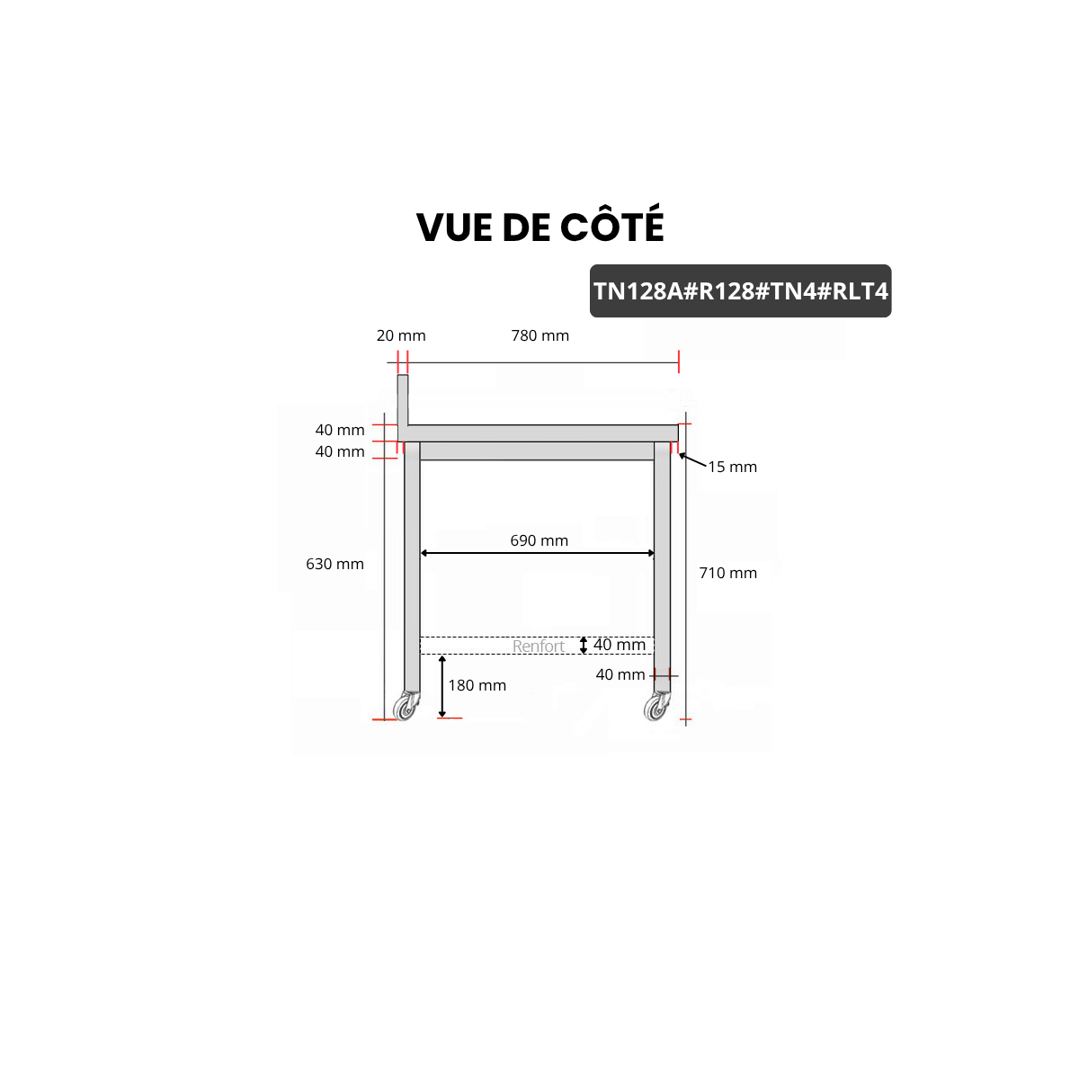 Table inox soubassement 1200 x 800 mm adossée avec renfort sur roulettes / GOLDINOX 