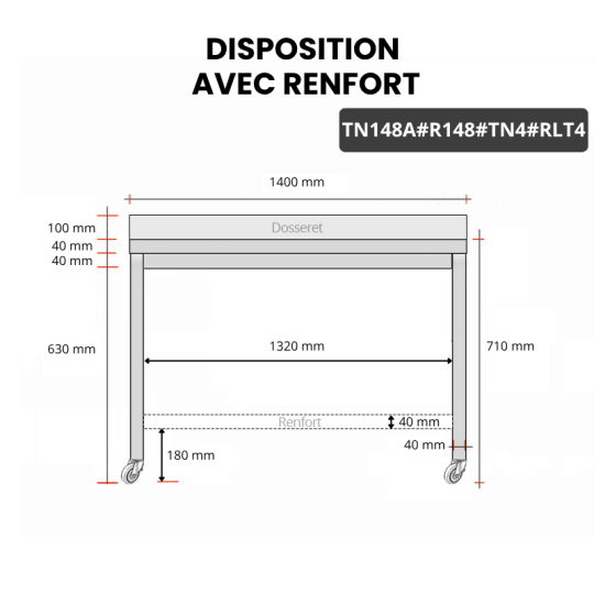 Table inox soubassement 1400 x 800 mm adossée avec renfort sur roulettes / GOLDINOX 