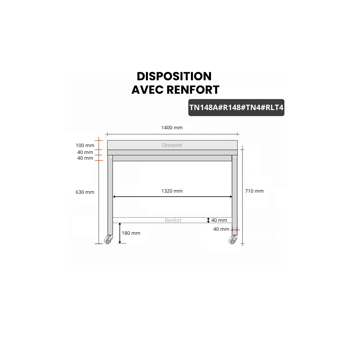 Table inox soubassement 1400 x 800 mm adossée avec renfort sur roulettes / GOLDINOX 