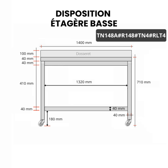 Table inox soubassement 1400 x 800 mm adossée avec renfort sur roulettes / GOLDINOX 