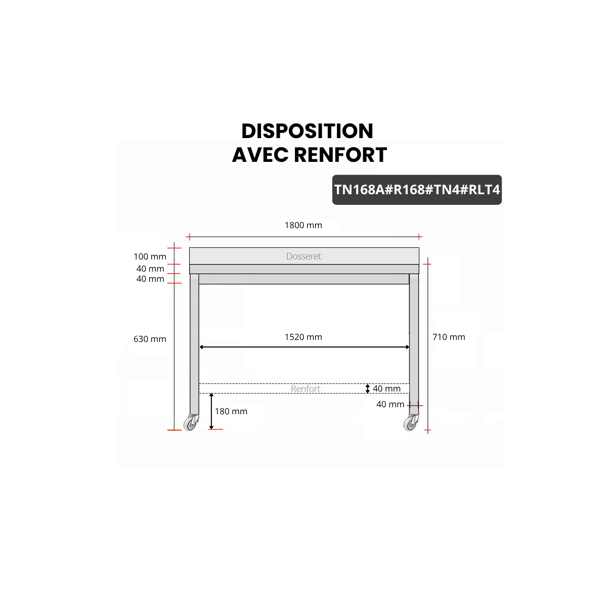 Table inox soubassement 1600 x 800 mm adossée avec renfort sur roulettes / GOLDINOX 