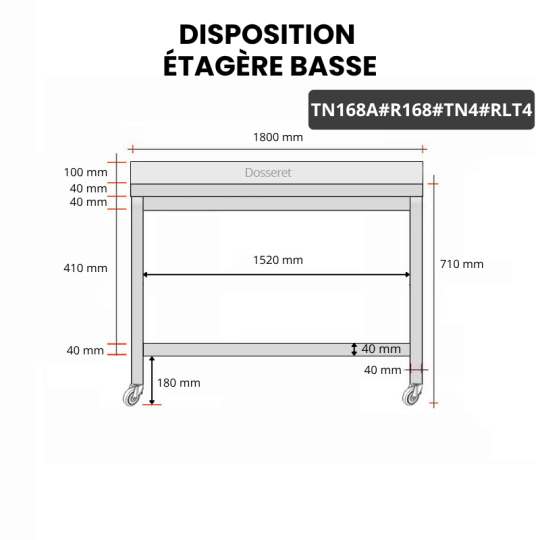 Table inox soubassement 1600 x 800 mm adossée avec renfort sur roulettes / GOLDINOX 