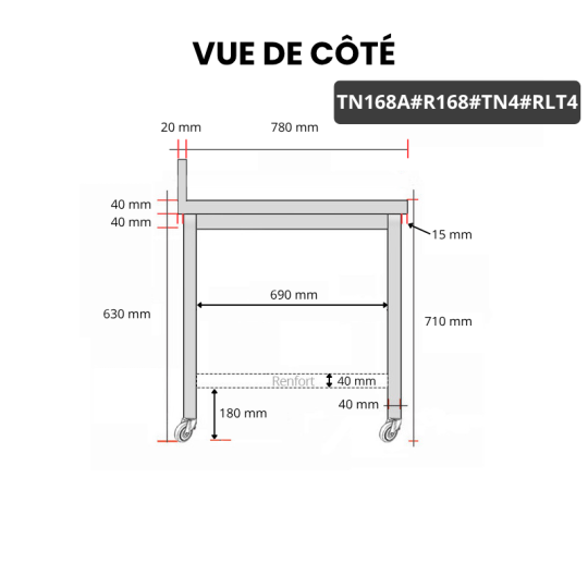Table inox soubassement 1600 x 800 mm adossée avec renfort sur roulettes / GOLDINOX 