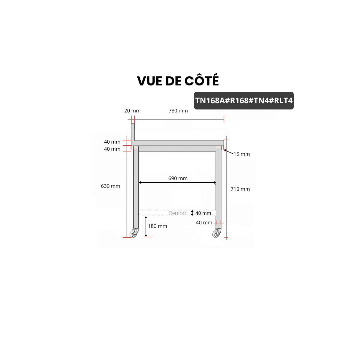 Table inox soubassement 1600 x 800 mm adossée avec renfort sur roulettes / GOLDINOX 