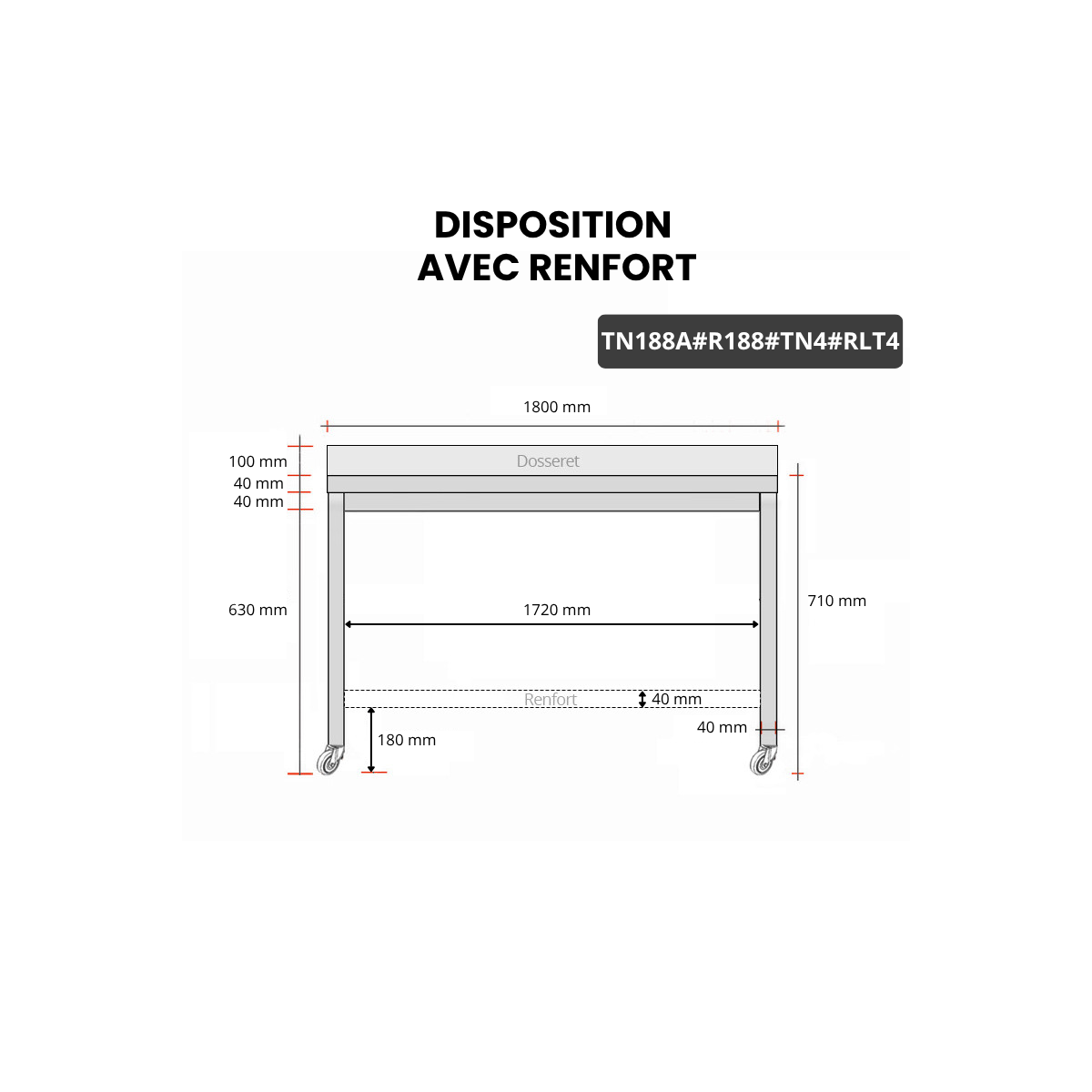 Table inox soubassement 1800 x 800 mm adossée avec renfort sur roulettes / GOLDINOX 