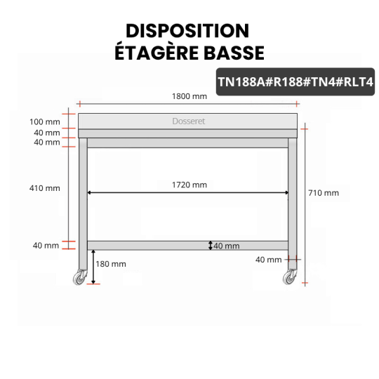 Table inox soubassement 1800 x 800 mm adossée avec renfort sur roulettes / GOLDINOX 